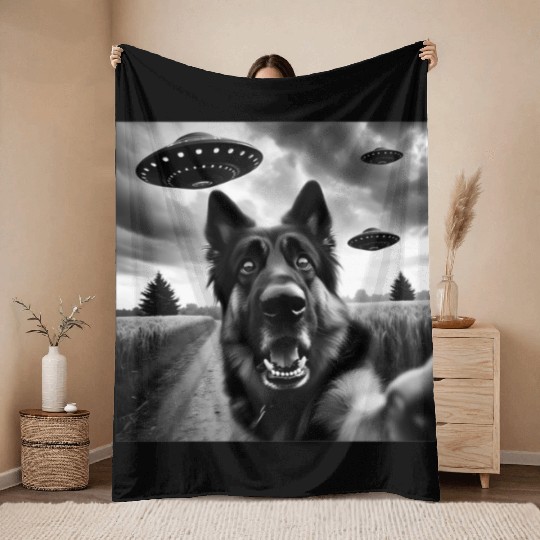 German Shepherd Funny GSP Selfie with UFOs Weird A Throw Blankets