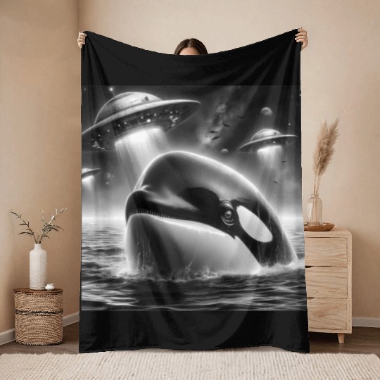 Killer whale Funny Graphic Selfie with UFOs Weird Throw Blankets