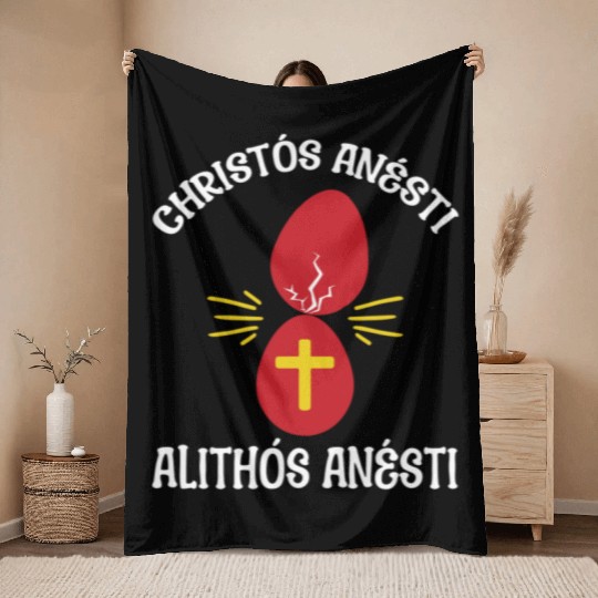 Christos Anesti Paschal Greece Flag Passover Throw Blankets