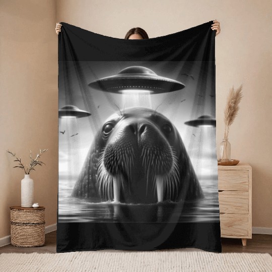 Walrus Sea lion Funny Graphic Selfie with UFOs Wei Throw Blankets