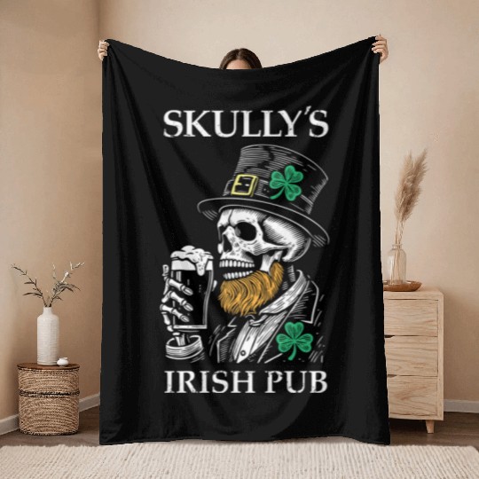 Skully's Irish Pub Skull St. Patrick's Day 2025 Sh Throw Blankets