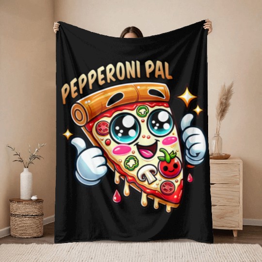 Pepperoni Pal Pizza Design | Kawaii Food Art Throw Blankets
