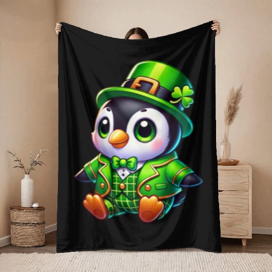 Cute St. Patrick's Day Penguin Cartoon Throw Blankets