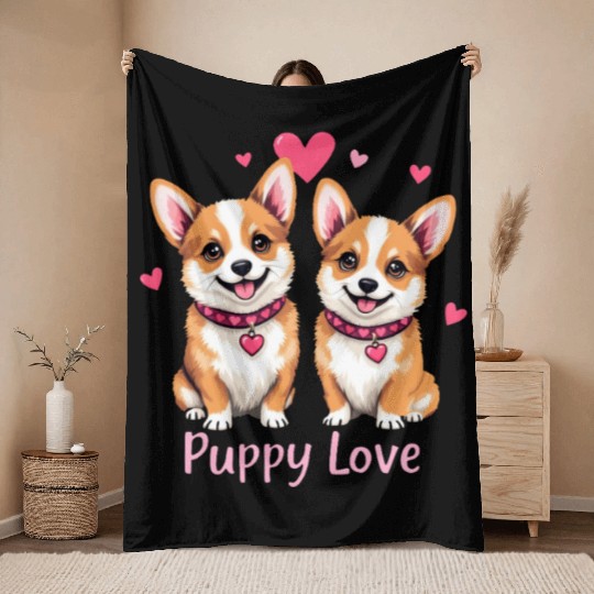 Valentines Day - Puppy Love Corgi dog Throw Blankets