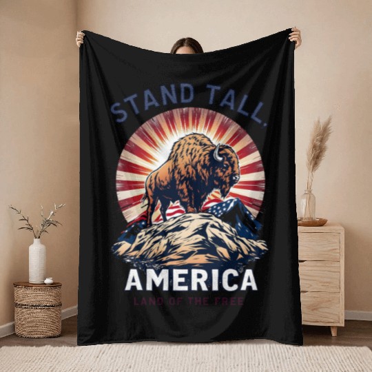 Stand Tall America Land Of The Free Buffalo Throw Blankets