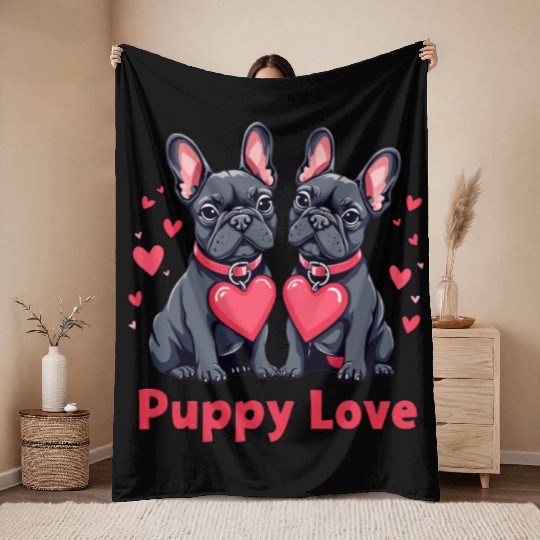Valentines Day - Puppy Love French Bulldog Throw Blankets