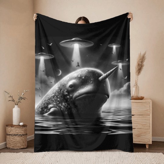 Narwhal Funny Graphic Selfie with UFOs Weird Alien Throw Blankets