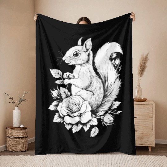 Squirrel Flowers Rose Aesthetics Chipmunk Throw Blankets