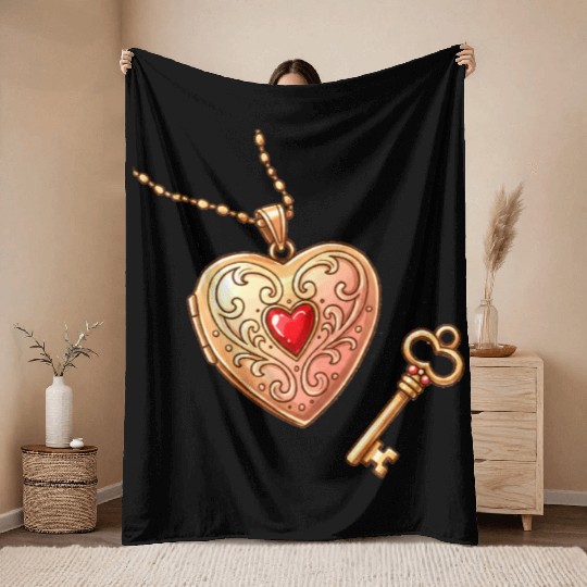 Vintage Heart Lock & Key Necklace Set Throw Blankets