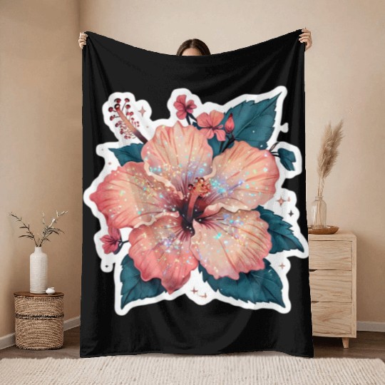 Vibrant Hibiscus Flower with Sparkling Effects Throw Blankets