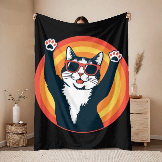 Retro 80s Cat Design, Hello Guys Throw Blankets