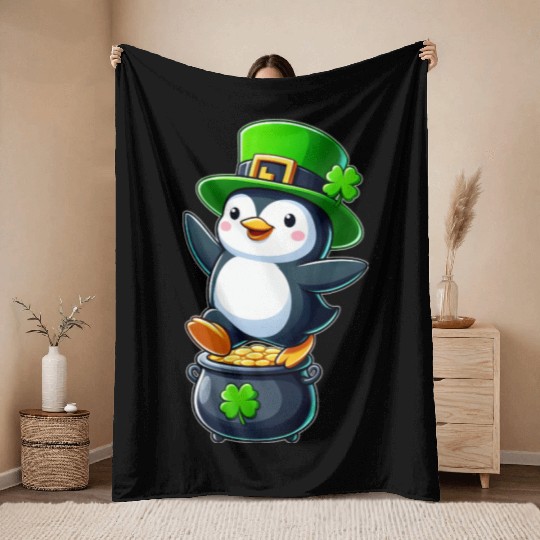 St. Patrick's Day penguin top hat clover Throw Blankets