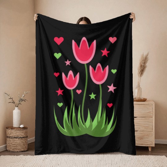 Flowers With Hearts And Stars Throw Blankets