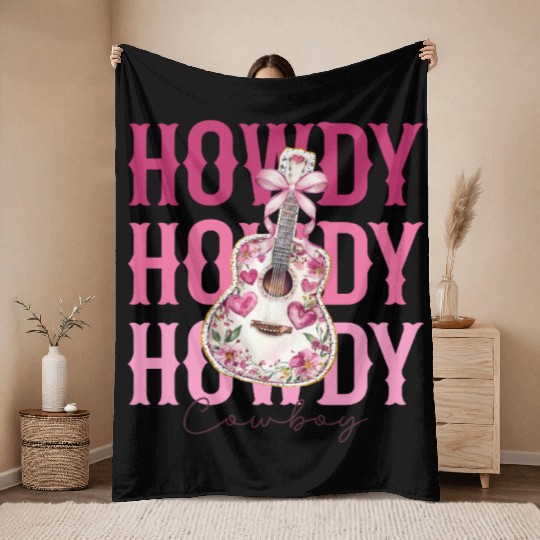 Howdy Howdy Cowboy Pink Guitar Throw Blankets