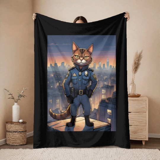 Cat painting red black cat Police Cat Throw Blankets