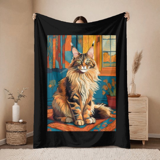 Cat painting red black cat Maine Throw Blankets