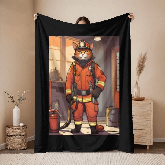 Cat painting red black cat Firefighter Cat Throw Blankets