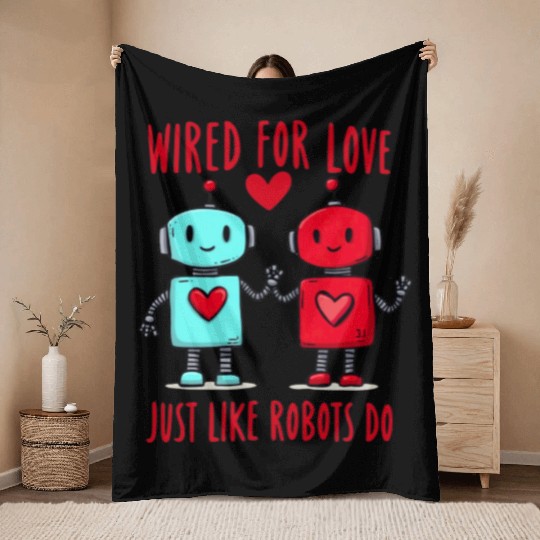 Valentine's Day Gift: Two Robots in Love on Bella Throw Blankets