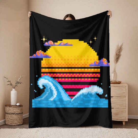 Pixel Sunset Horizon Throw Blankets