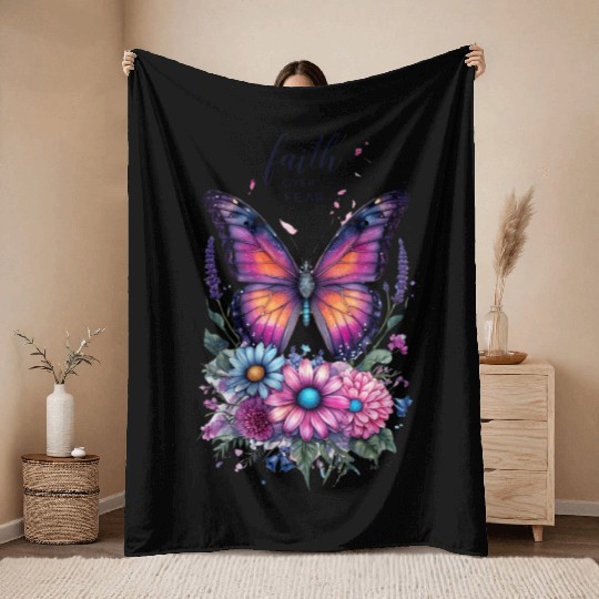 Butterfly with Flowers Art Faith Over Fear Throw Blankets