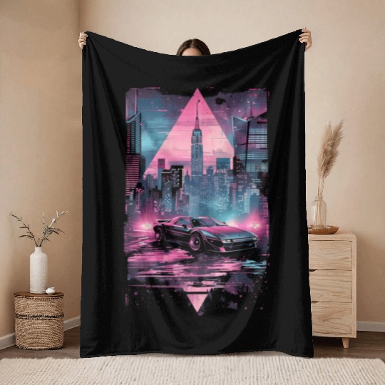 Retro Vaporwave Car City Synthwave 80s 90s Throw Blankets