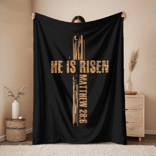 Jesus Cross He Is Risen Happy Easter Throw Blankets