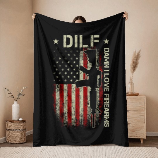 DILF - Damn I Love Firearms Gun American Flag Throw Blankets