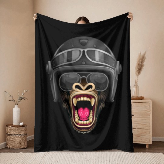 Biker Gorilla Motorcycle Silver Back Monkey Throw Blankets
