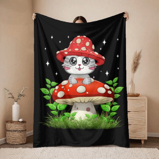 Cat Mushroom Cute Cottagecore Aesthetic Throw Blankets