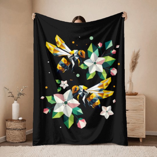 Bees and apple blossoms in harmonious colors Throw Blankets