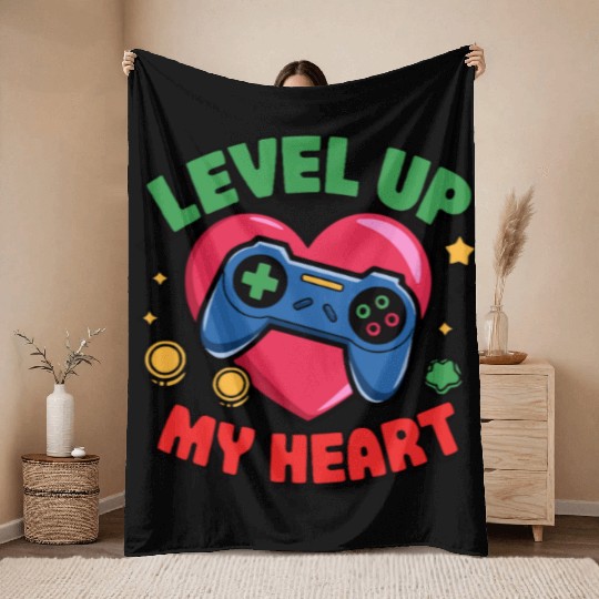 Level Up My Heart - Gaming Valentine's Design Throw Blankets