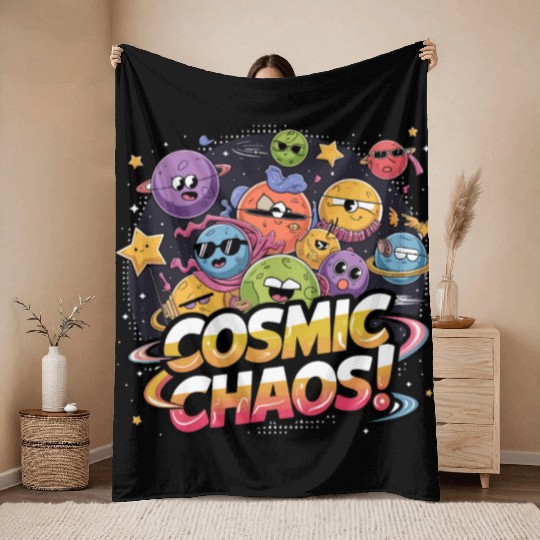 Chaotic Cartoonish Galaxy with Whimsical Character Throw Blankets