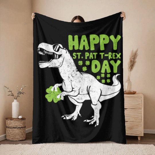 Happy St Pat Trex Day Dino St Patrick's Day Throw Blankets