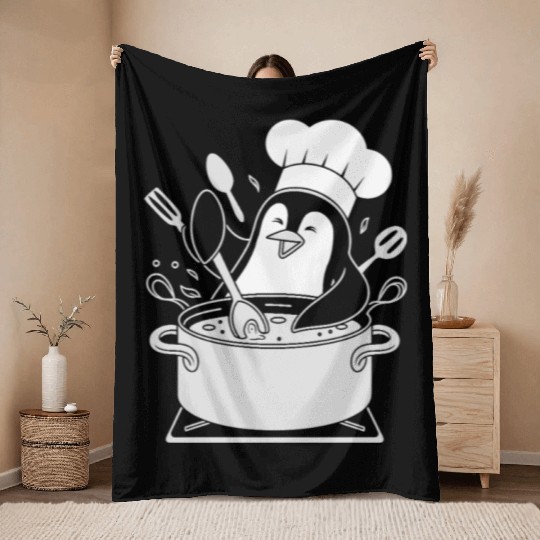 Chef Penguin Cooking with Utensils in Pot Throw Blankets