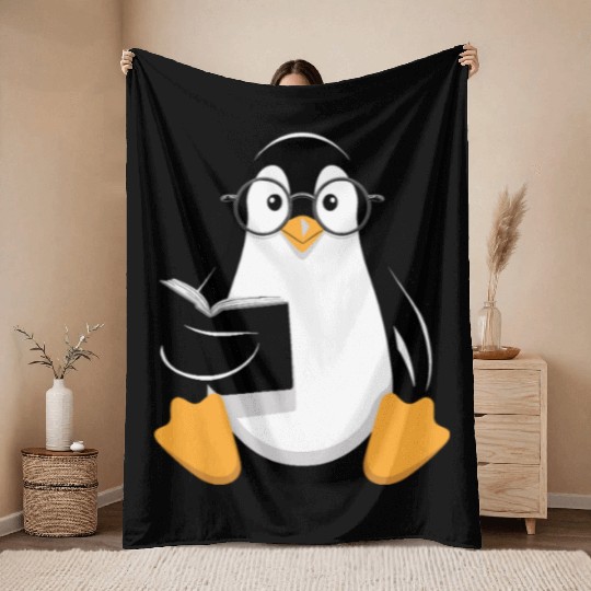 Adorable Book-Loving Penguin with Glasses Design Throw Blankets