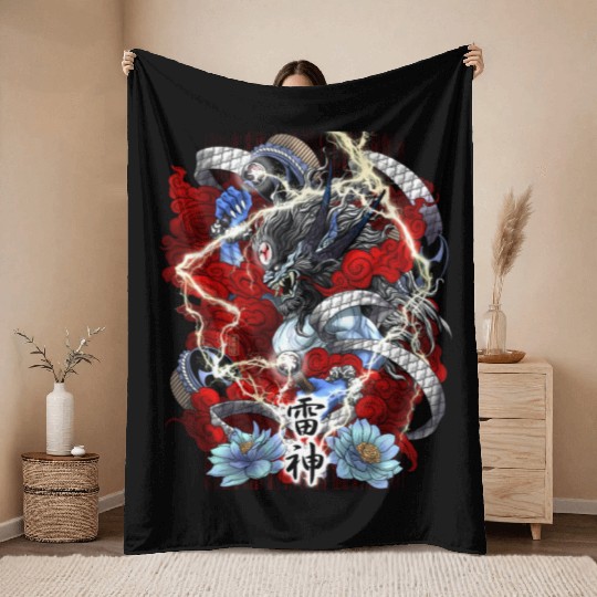 Blue Raijin God of Thunder Throw Blankets