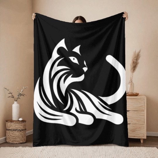 Cat Portrait Minimalist Tattoo Style Throw Blankets