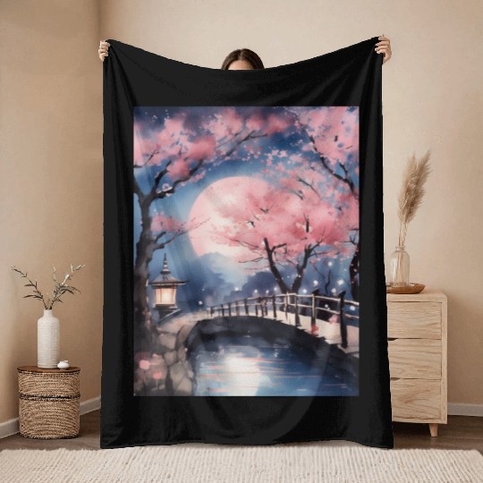 Watercolor cherry blossom festival full moon Throw Blankets