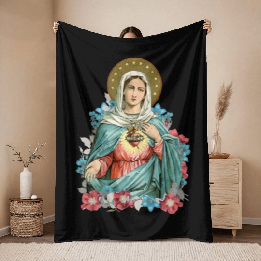 Immaculate Heart of Mary Blessed Mother Catholic Throw Blankets