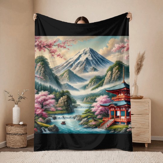 Serene Mount Fuji Landscape Art Print - Japanese C Throw Blankets