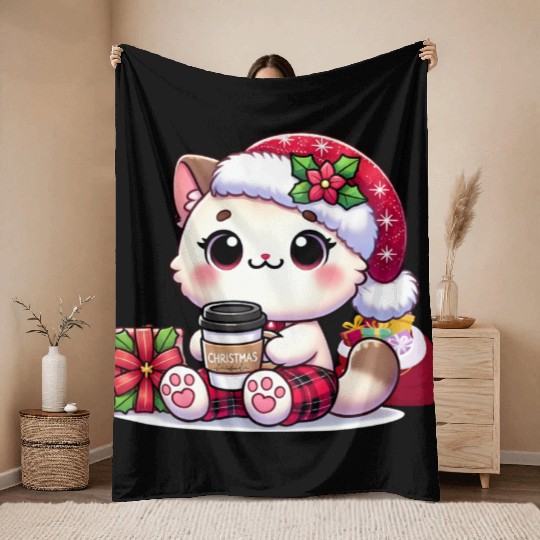 A Cute Kawaii Cat Drinking Coffee Throw Blankets
