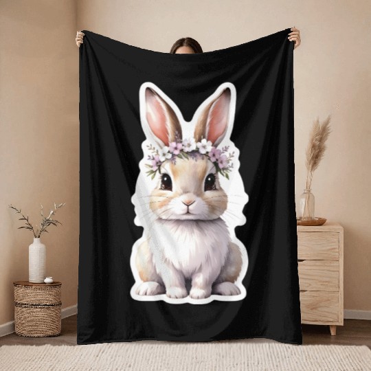 rabbit with flower Throw Blankets