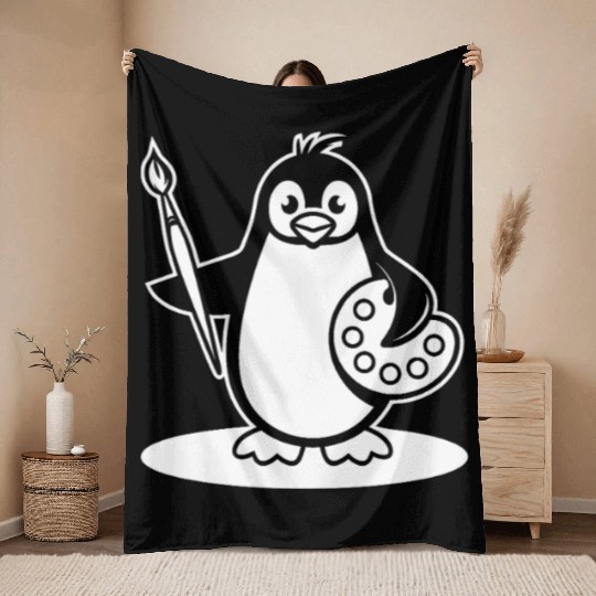 Creative Penguin Artist Holding Brush Throw Blankets
