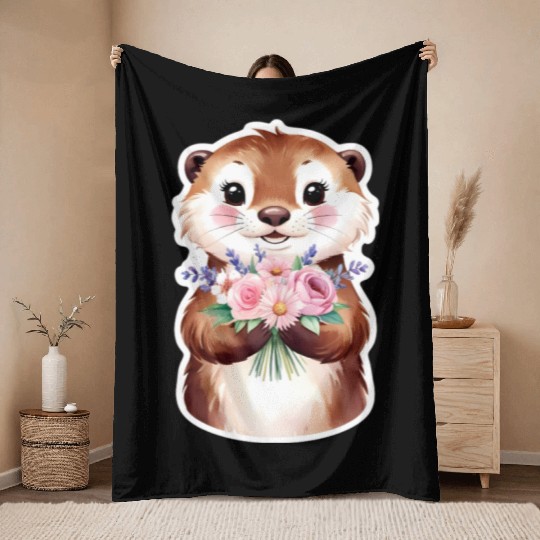 Otter with flowers Throw Blankets