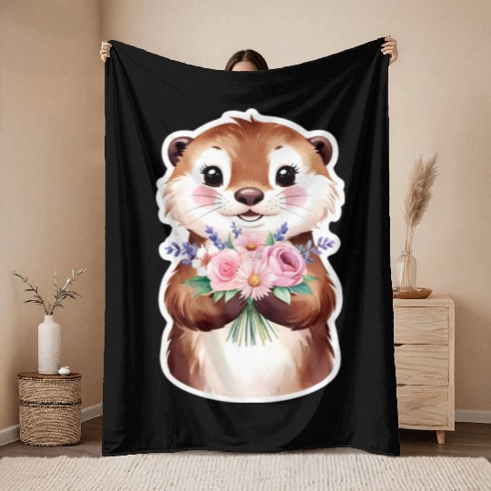 Otter with flowers Throw Blankets