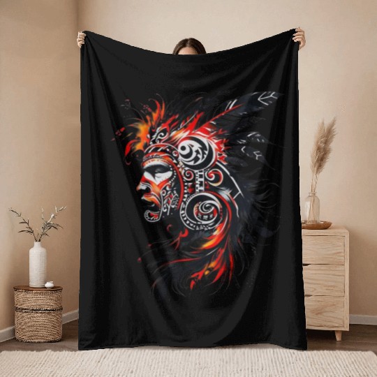 Tribal Fire Warrior Throw Blankets