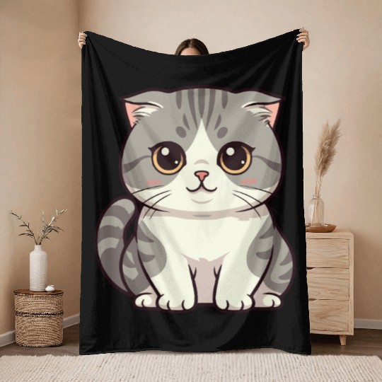 Cute Kawaii Cat Illustration Throw Blankets