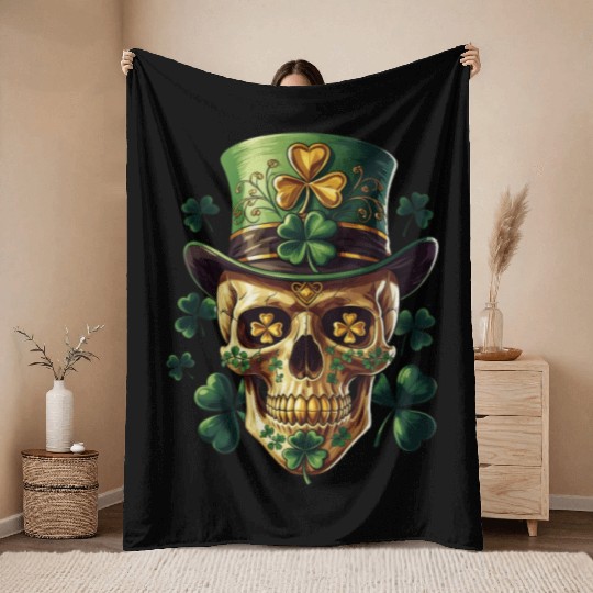 St Patricks Day Sugar Skull Shamrock Irish Mexican Throw Blankets