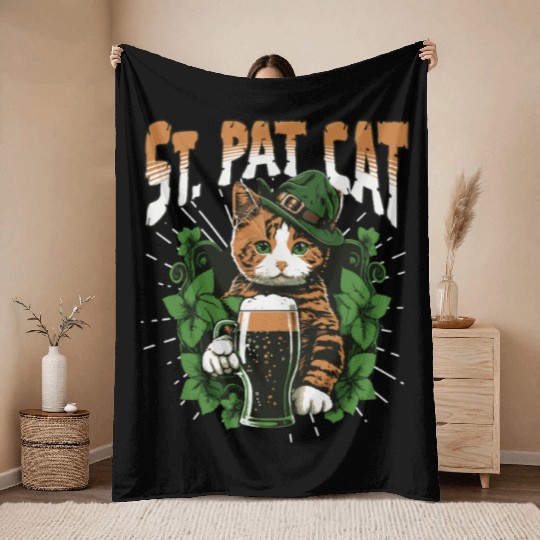 Funny St. Patricks Day Drinking Cat Throw Blankets