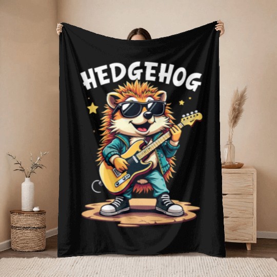 Hedgehog Musician Rock N Roll Guitar Player Throw Blankets